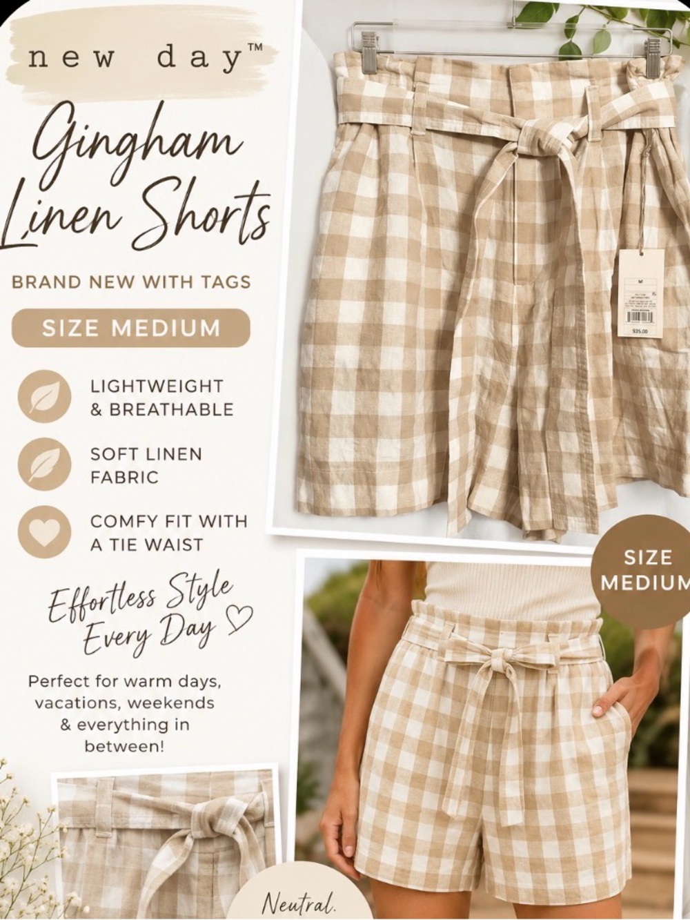 a new day Beige Gingham High Waist Tie-Waist Shorts